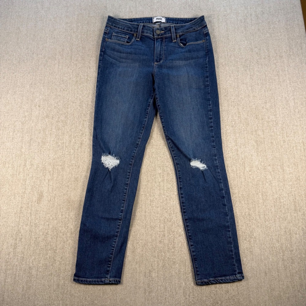 Paige Kylie Crop Jeans Women 30 Blue Distressed Evelyn Dest Slim Straight